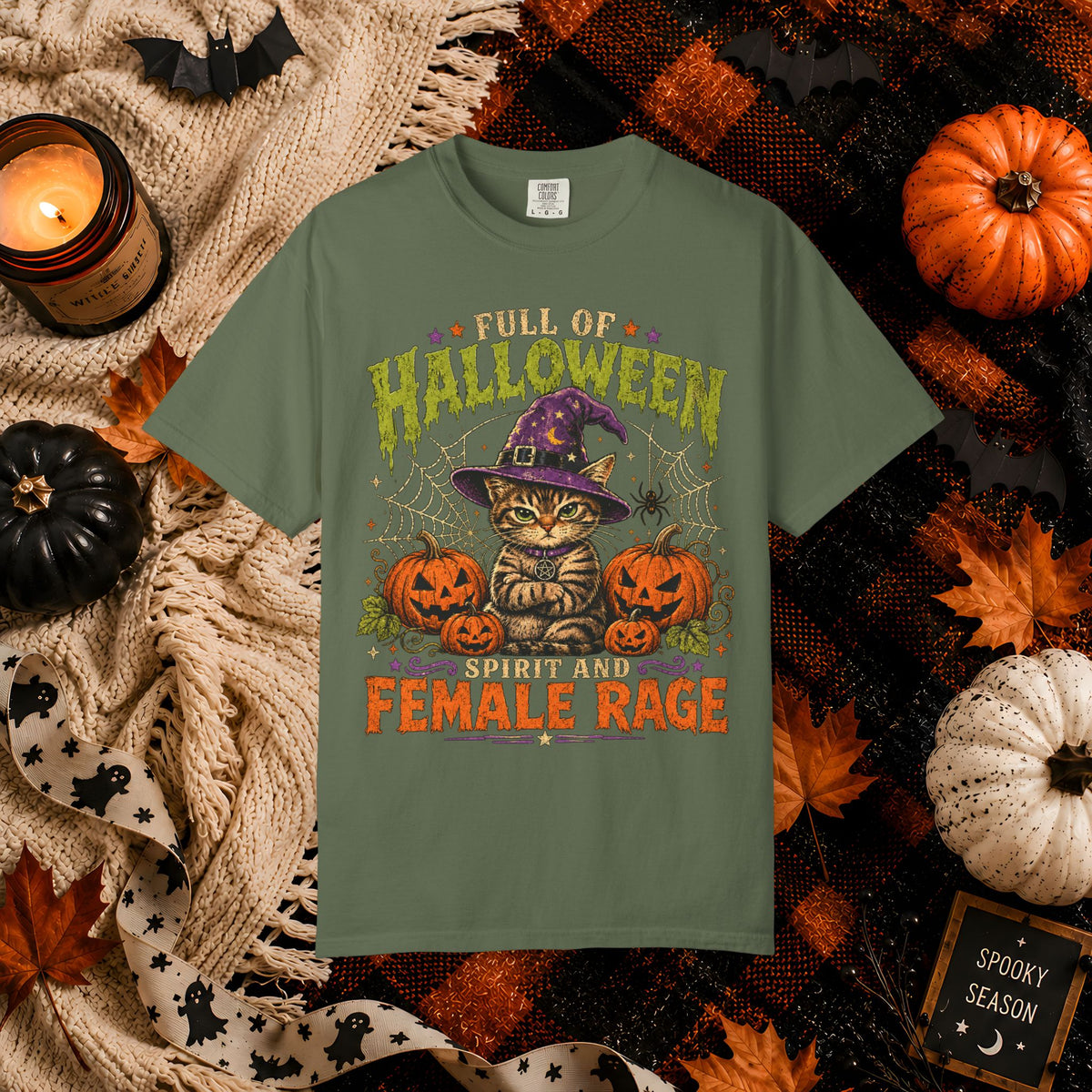 Halloween Cat T-Shirt — "Full of Halloween, Spirit and Female Rage" Pumpkin Witch Tee