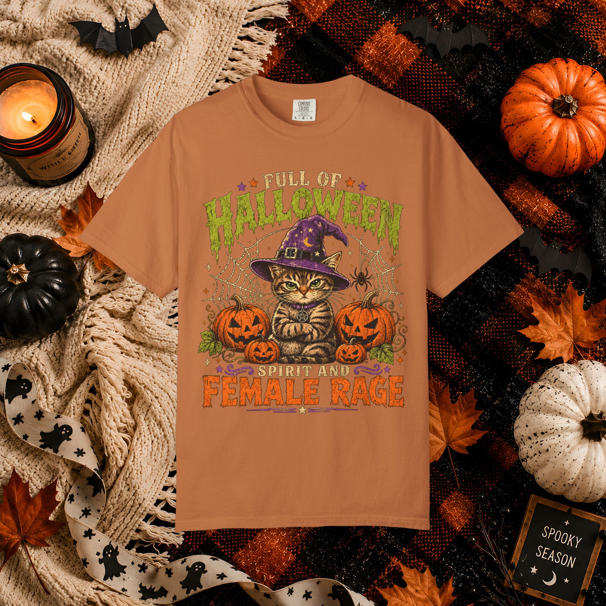 Halloween Cat T-Shirt — "Full of Halloween, Spirit and Female Rage" Pumpkin Witch Tee
